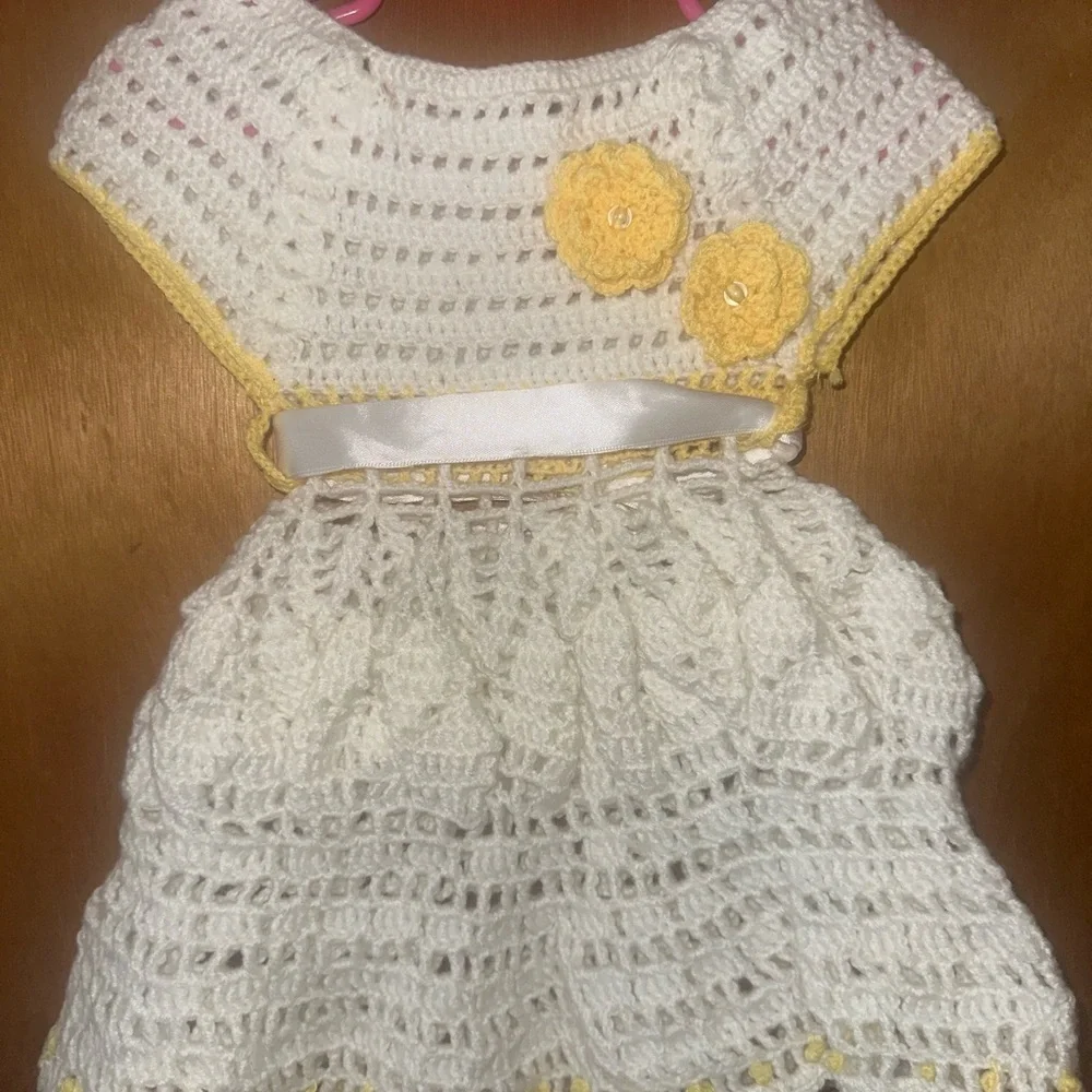 Handmade Crochet Kids Dress - White and Yellow